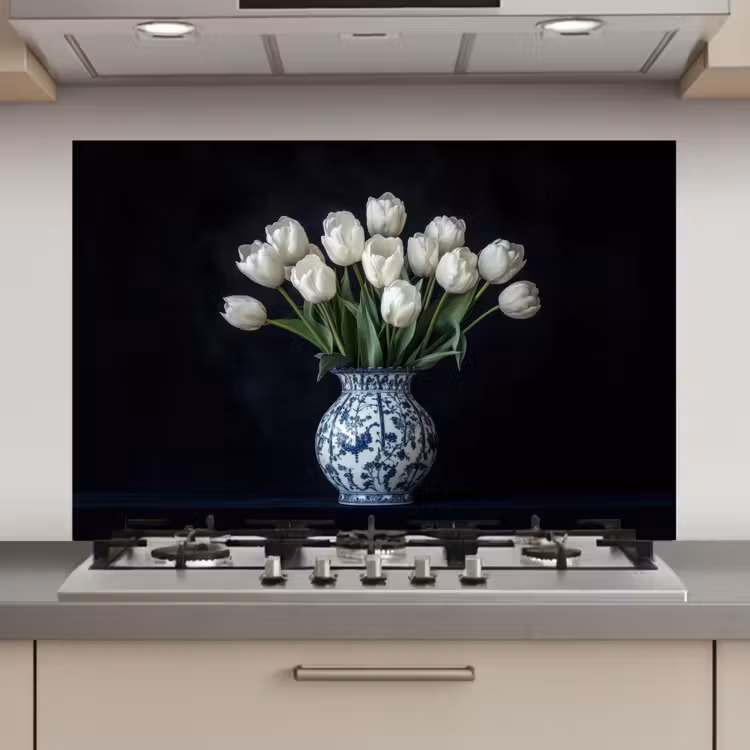 Spatscherm keuken - Wit - Bloemen - Tulpen - Vaas — 1