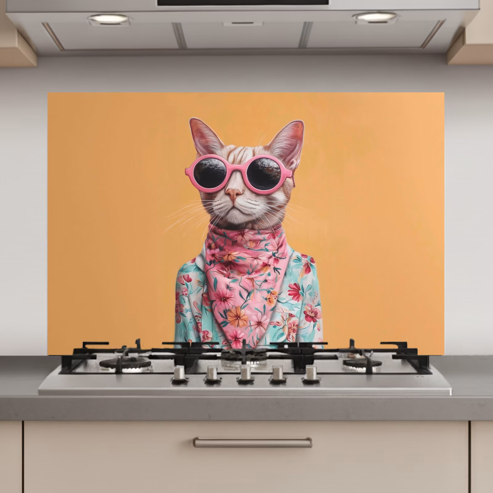 Spatscherm keuken - Zonnebril - Kat - Sjaal - Bloemen — 1