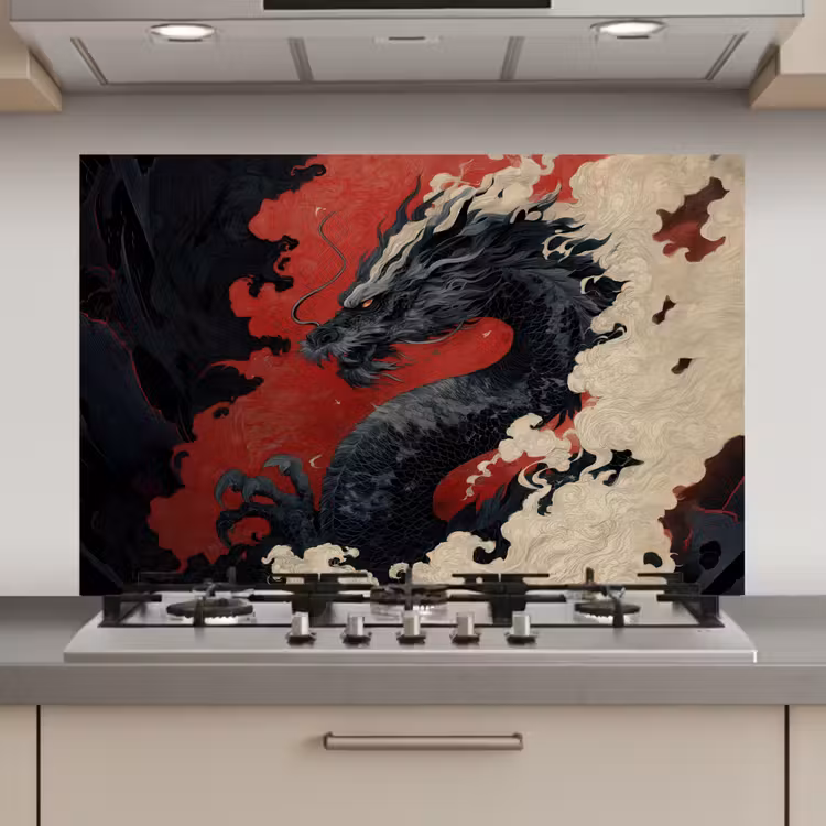 Spatscherm keuken - Zwarte draak - Rookwolken - Rood — 1