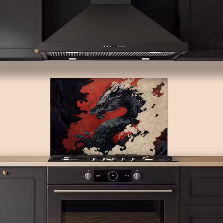 Spatscherm keuken - Zwarte draak - Rookwolken - Rood — 2