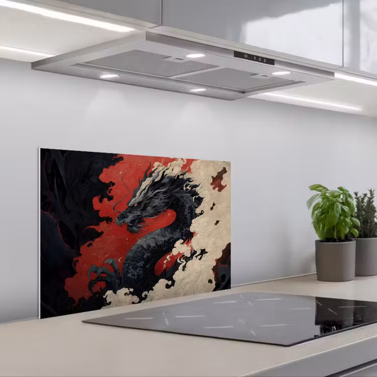 Spatscherm keuken - Zwarte draak - Rookwolken - Rood — 5