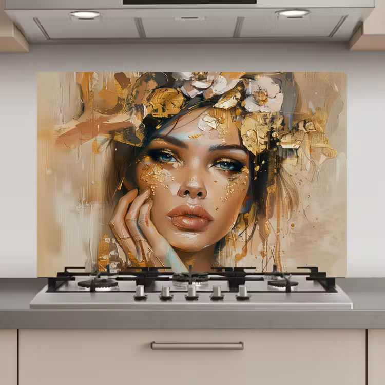 Spatscherm keuken - Vrouw - Bloemen - Goud - Portret — 1