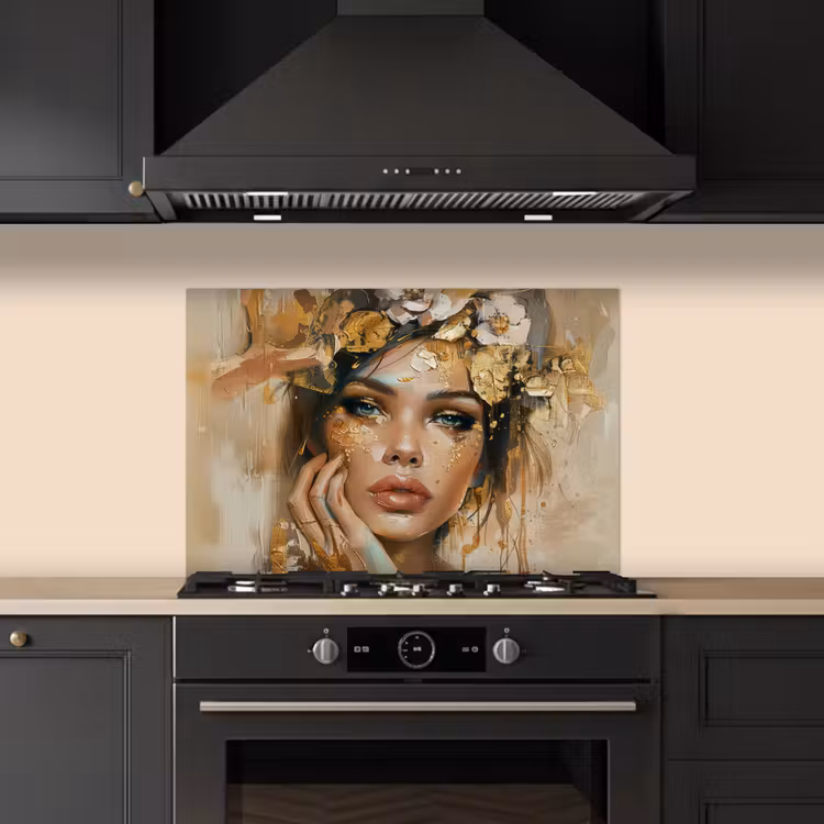 Spatscherm keuken - Vrouw - Bloemen - Goud - Portret — 2