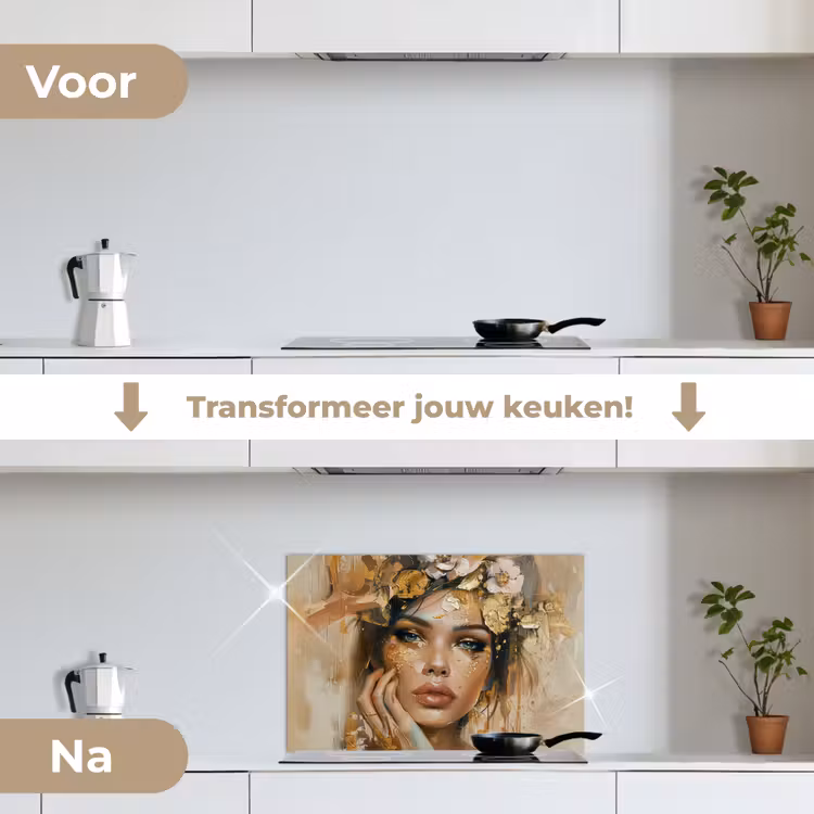 Spatscherm keuken - Vrouw - Bloemen - Goud - Portret — 3