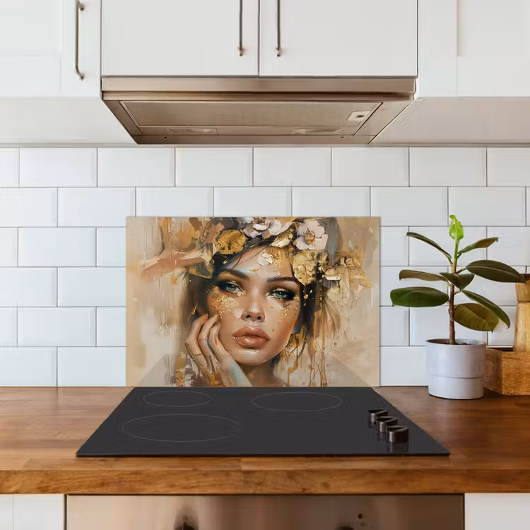 Spatscherm keuken - Vrouw - Bloemen - Goud - Portret — 6