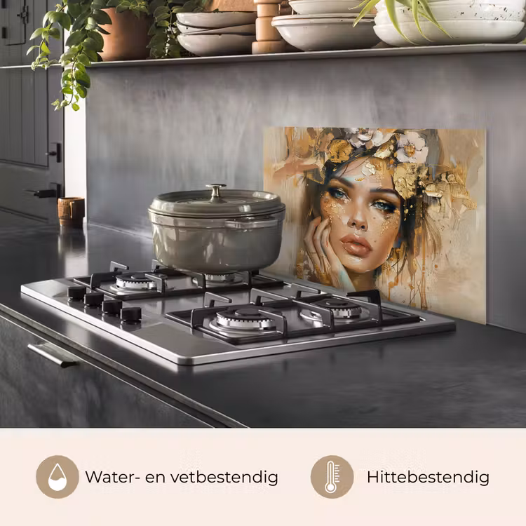 Spatscherm keuken - Vrouw - Bloemen - Goud - Portret — 7