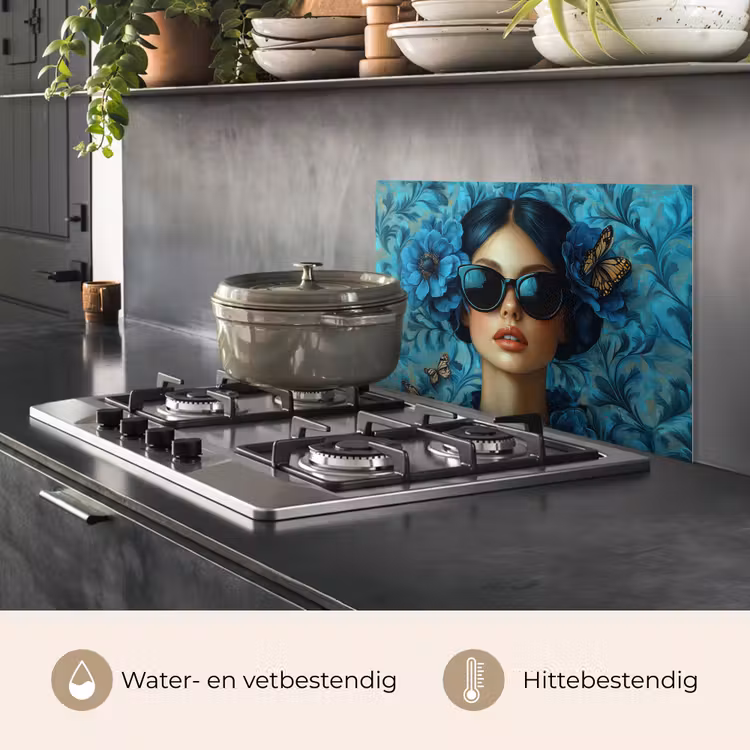 Spatscherm keuken - Vrouw - Bloemen - Vlinders - Blauw - Abstract — 7