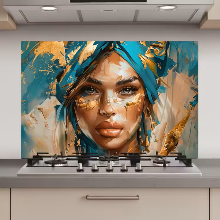 Spatscherm keuken - Vrouw - Portret - Goud - Luxe - Blauw — 1