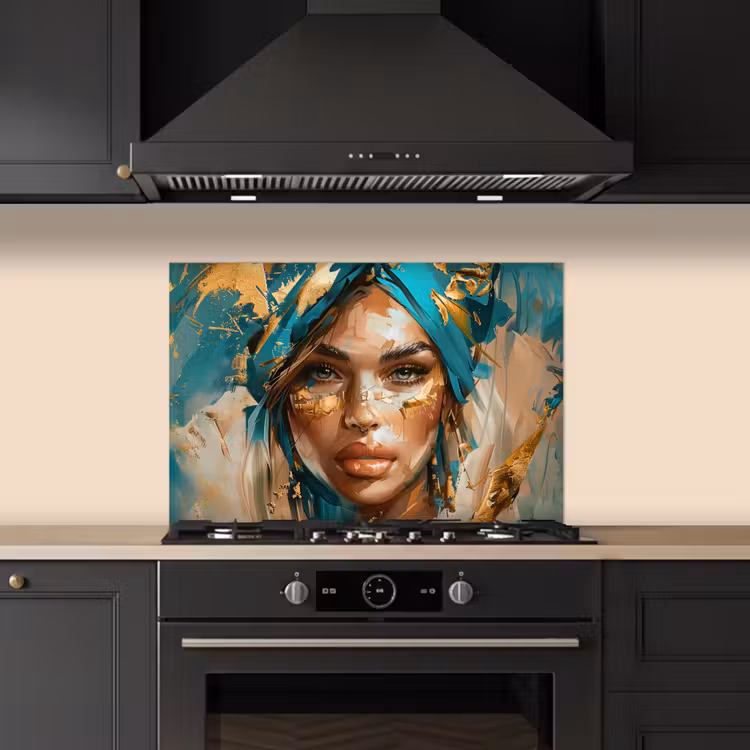 Spatscherm keuken - Vrouw - Portret - Goud - Luxe - Blauw — 2