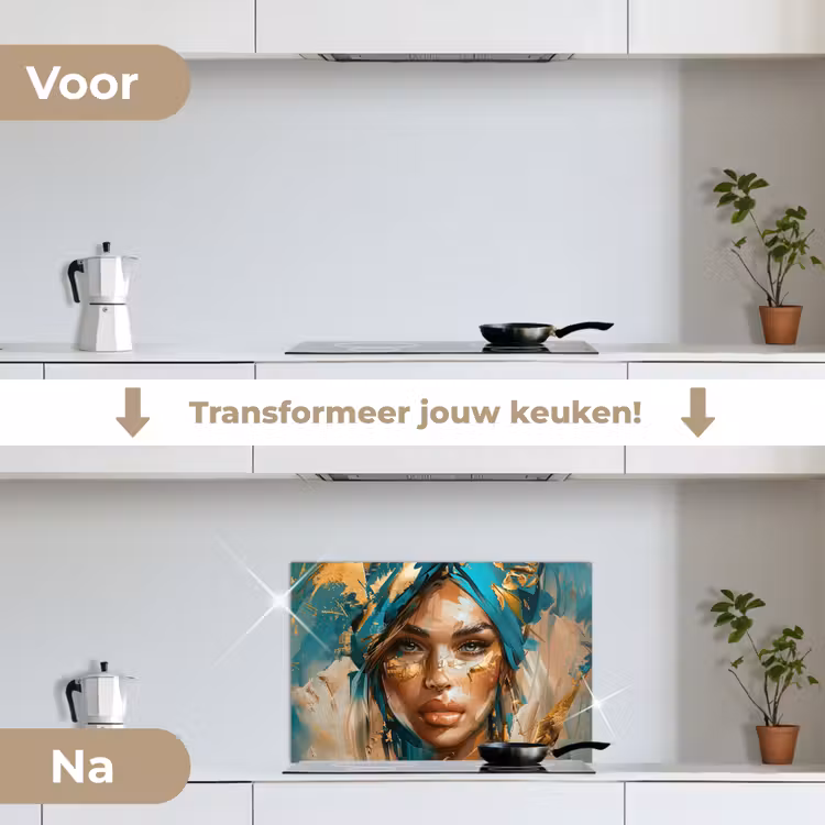Spatscherm keuken - Vrouw - Portret - Goud - Luxe - Blauw — 3