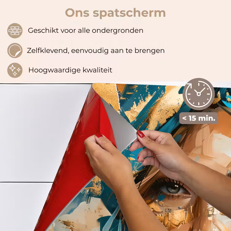 Spatscherm keuken - Vrouw - Portret - Goud - Luxe - Blauw — 4