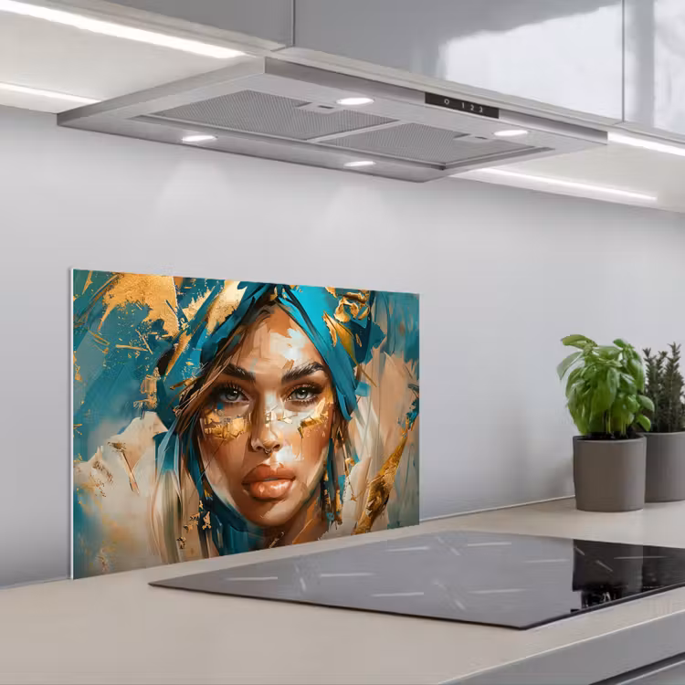 Spatscherm keuken - Vrouw - Portret - Goud - Luxe - Blauw — 5