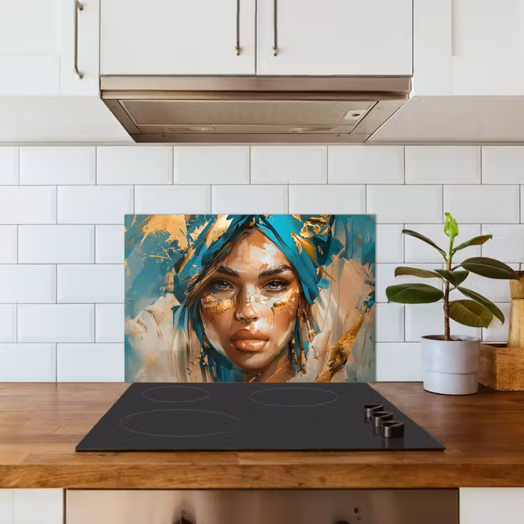Spatscherm keuken - Vrouw - Portret - Goud - Luxe - Blauw — 6