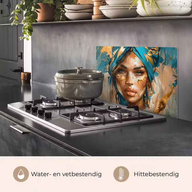 Spatscherm keuken - Vrouw - Portret - Goud - Luxe - Blauw — 7