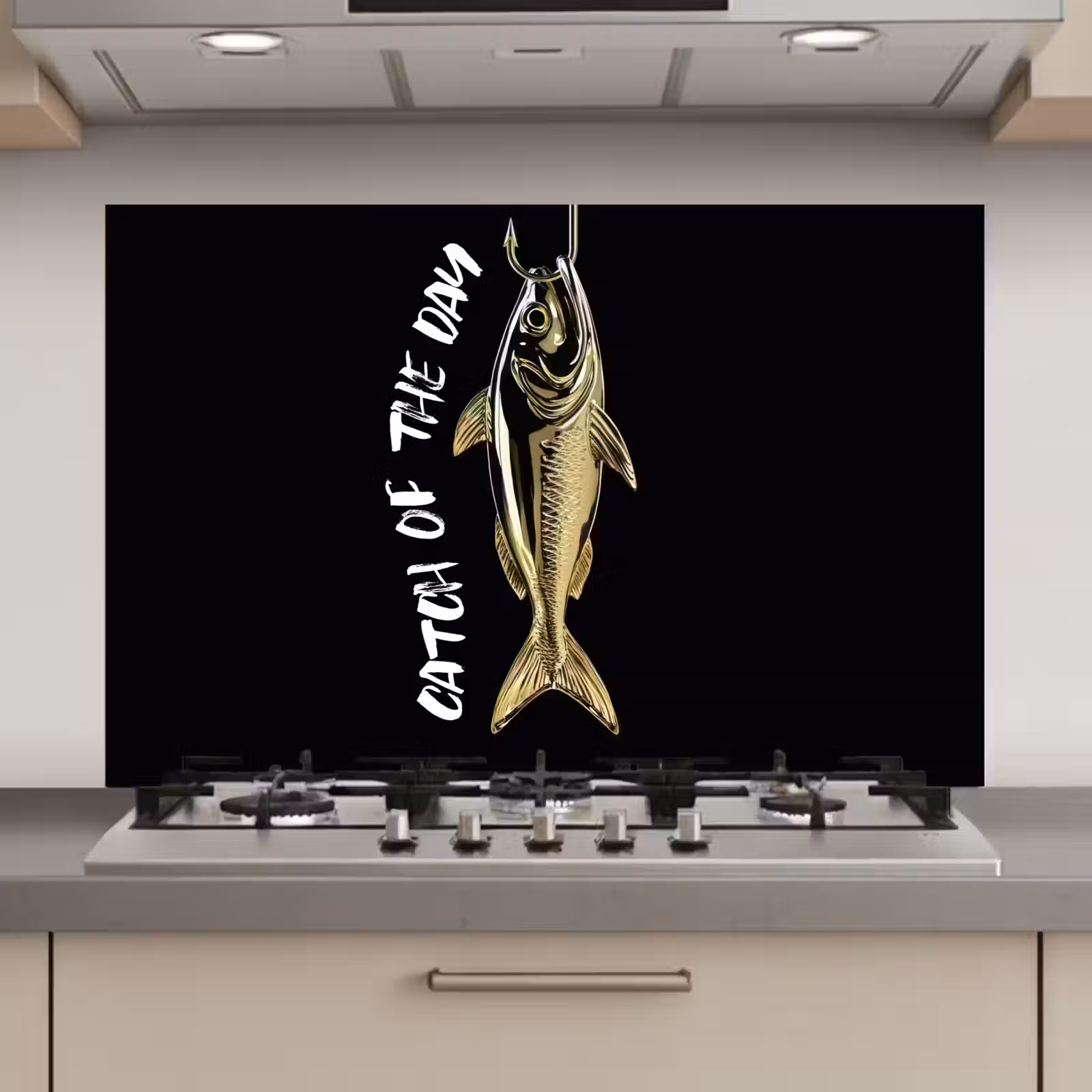 Spatscherm keuken - Vis - Zwart - Goud - Tekst — 1