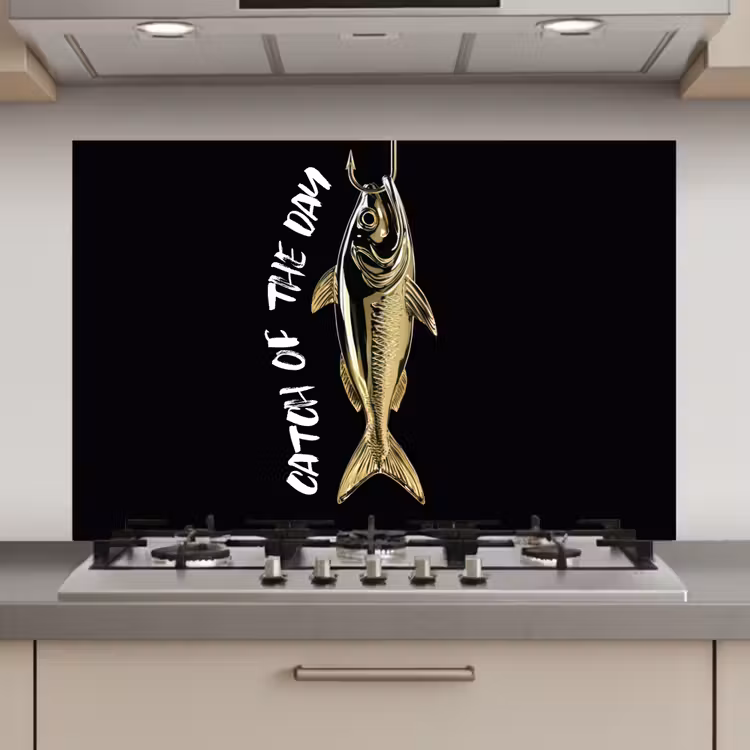 Spatscherm keuken - Vis - Zwart - Goud - Tekst — 1