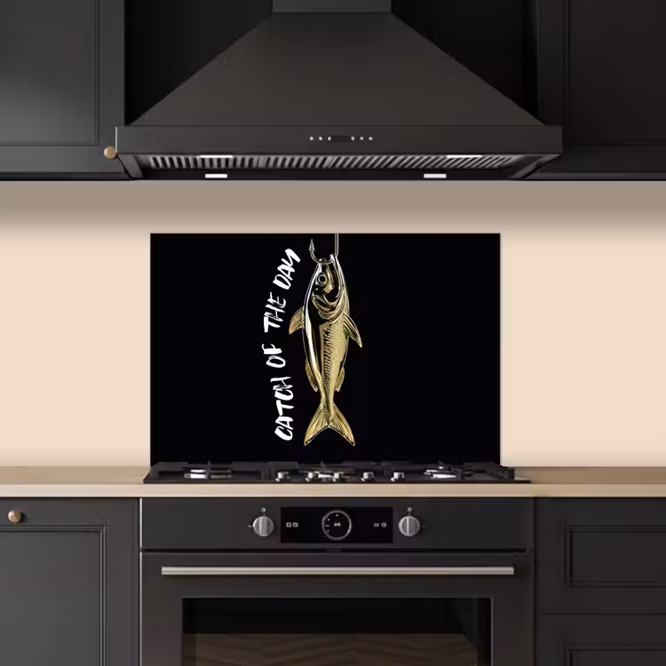 Spatscherm keuken - Vis - Zwart - Goud - Tekst — 2