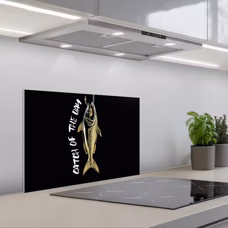 Spatscherm keuken - Vis - Zwart - Goud - Tekst — 5