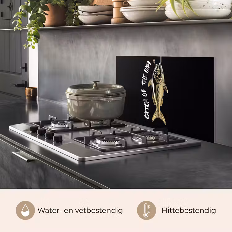 Spatscherm keuken - Vis - Zwart - Goud - Tekst — 7