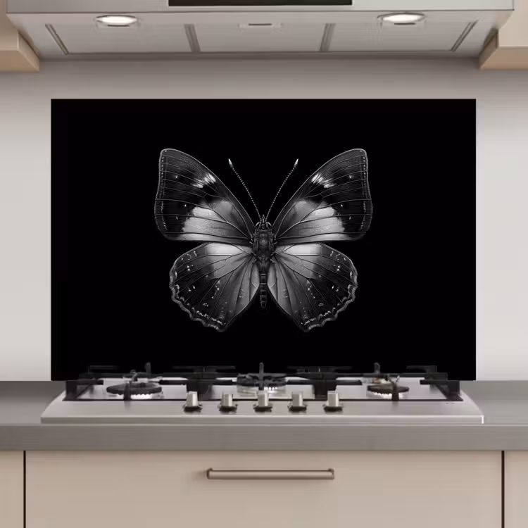Spatscherm keuken - Vlinder - Grijs - Mysterieus — 1