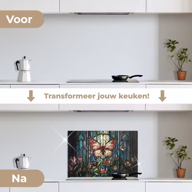 Spatscherm keuken - Vlinder - Roze - Bloemen - Bladeren — 3