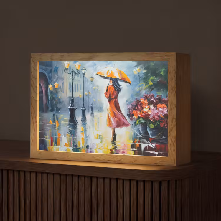 Tafellamp - Olieverf - Paraplu - Vrouw - Straat - Kunst — 1