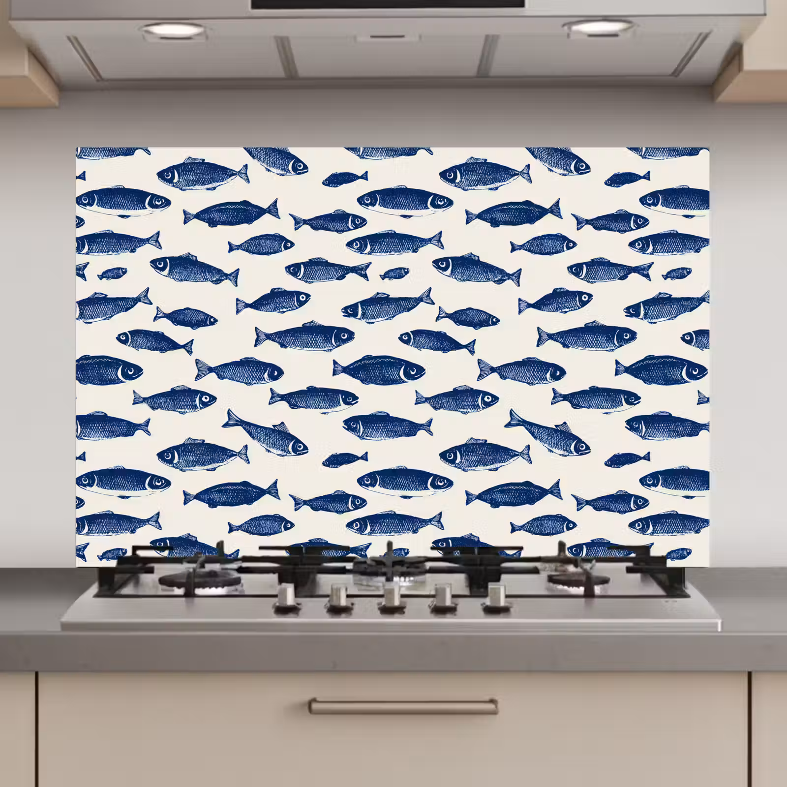 Spatscherm keuken - Vissen - Patroon - Blauw - Wit — 1
