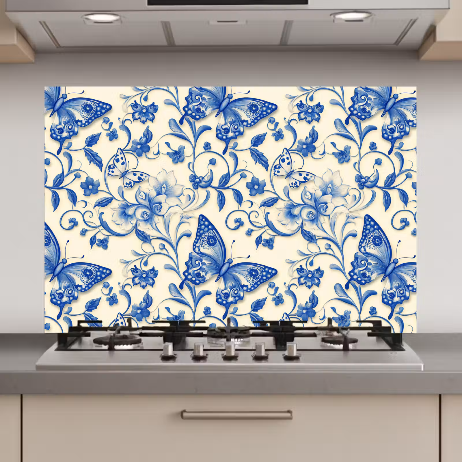 Spatscherm keuken - Vlinders - Bloemen - Blauw - Botanisch — 1