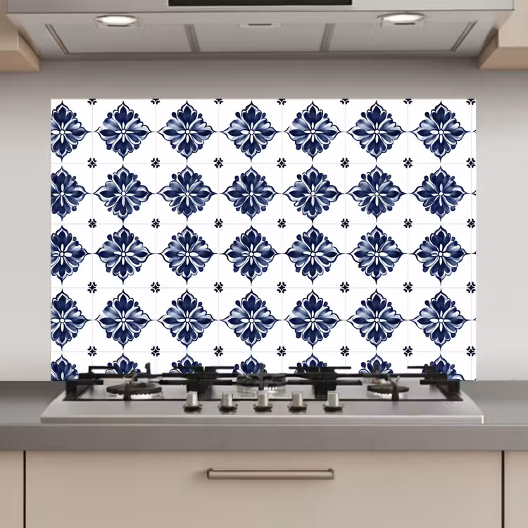 Spatscherm keuken - Tegelmotief - Blauw - Wit - Bloem — 1