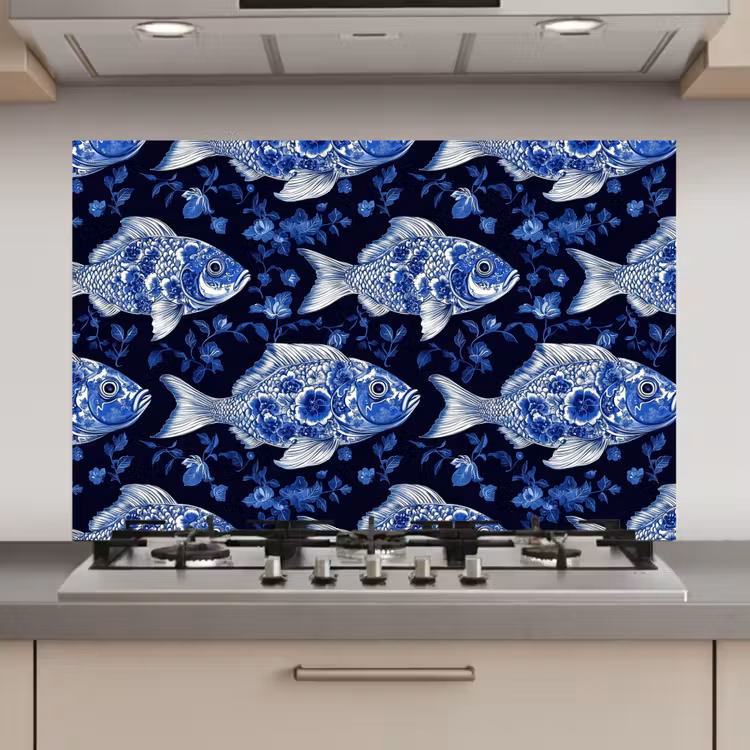Spatscherm keuken - Vissen - Bloemen - Blauw — 1
