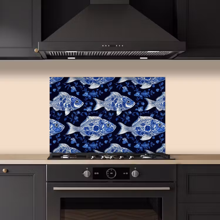 Spatscherm keuken - Vissen - Bloemen - Blauw — 2