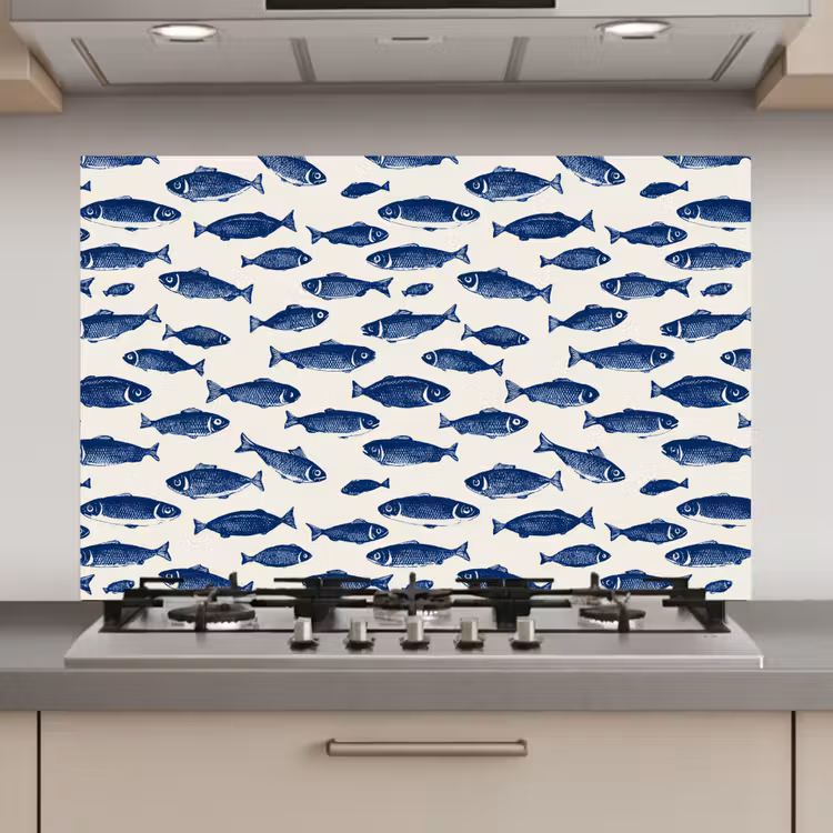 Spatscherm keuken - Vissen - Patroon - Blauw - Wit — 1