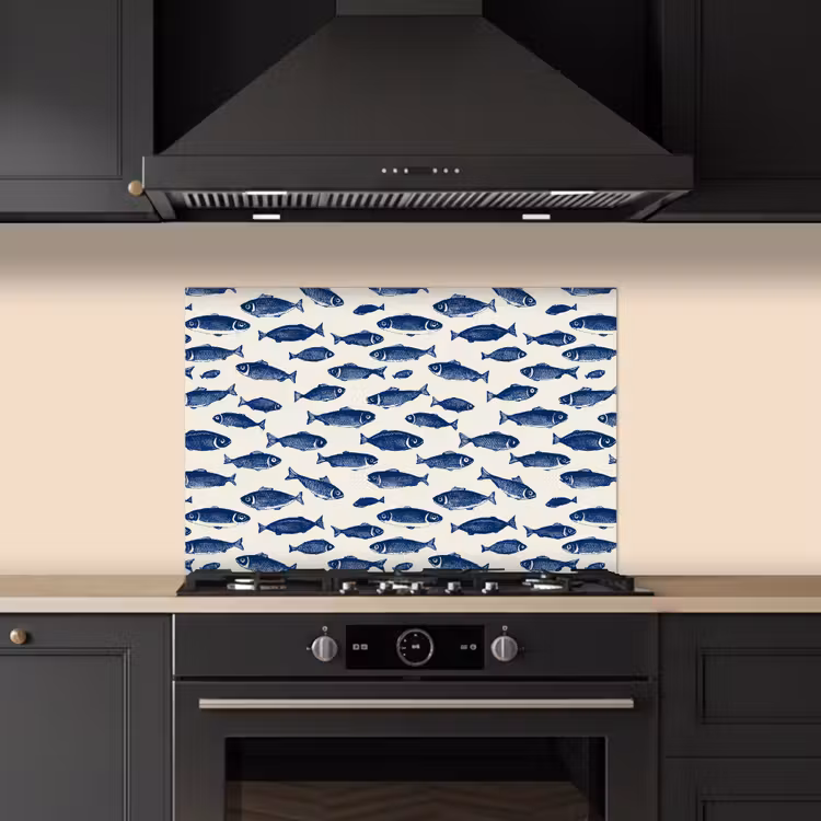 Spatscherm keuken - Vissen - Patroon - Blauw - Wit — 2