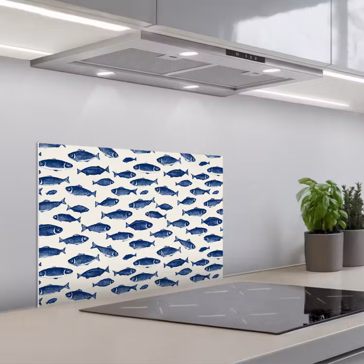 Spatscherm keuken - Vissen - Patroon - Blauw - Wit — 5