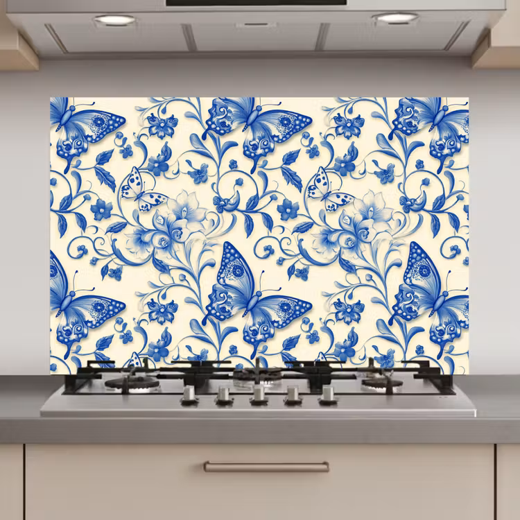 Spatscherm keuken - Vlinders - Bloemen - Blauw - Botanisch — 1