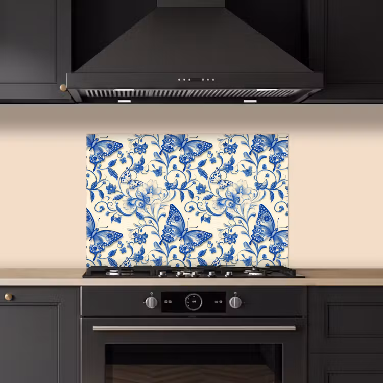 Spatscherm keuken - Vlinders - Bloemen - Blauw - Botanisch — 2