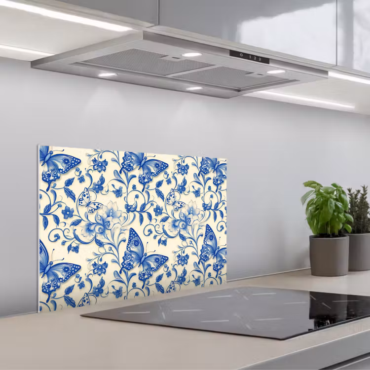 Spatscherm keuken - Vlinders - Bloemen - Blauw - Botanisch — 5
