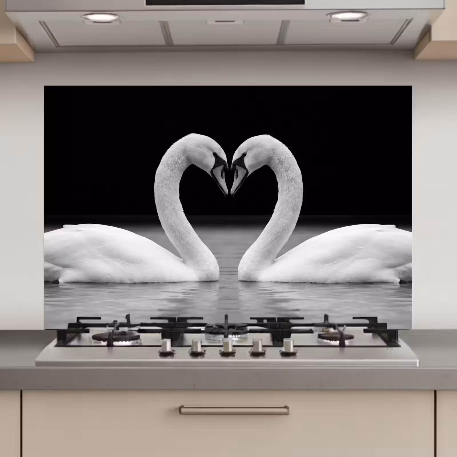 Spatscherm keuken - Zwanen - Hart - Zwart - Wit — 1