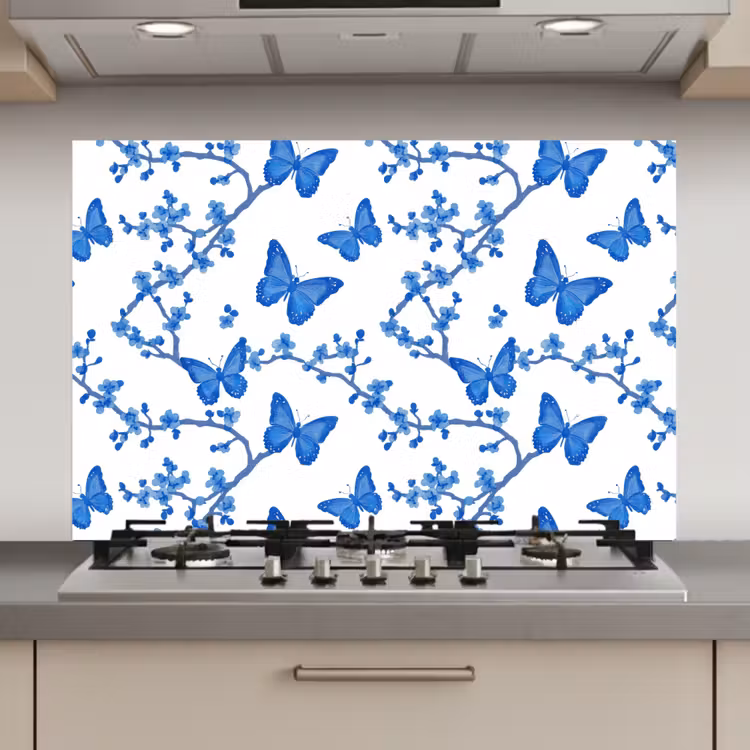 Spatscherm keuken - Vlinder - Bloemen - Blauw — 1