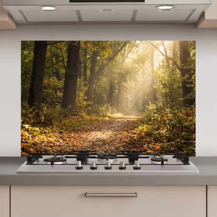 Spatscherm keuken - Zonlicht - Bospad - Bomen — 1