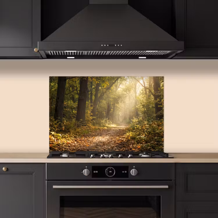 Spatscherm keuken - Zonlicht - Bospad - Bomen — 2