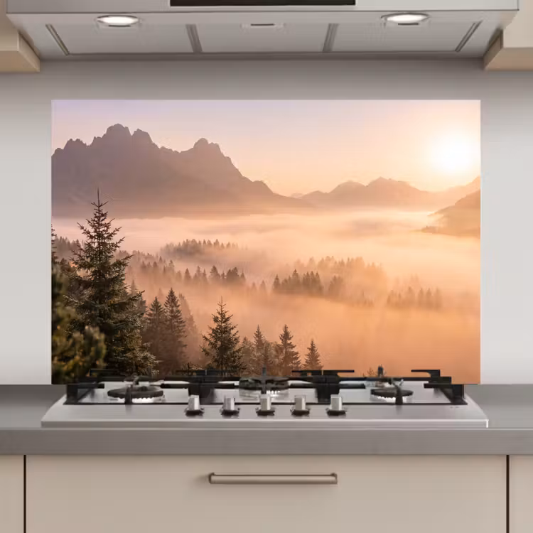 Spatscherm keuken - Zonlicht - Mist - Bergen - Bomen — 1