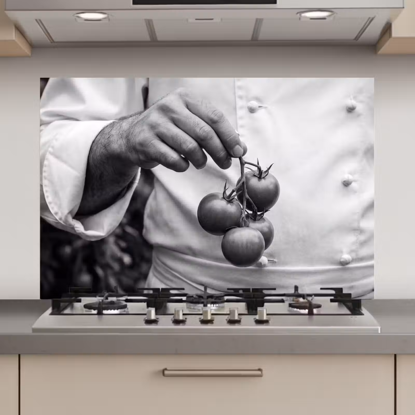 Spatscherm keuken - Tomaten - Chef - Zwart - Wit — 1