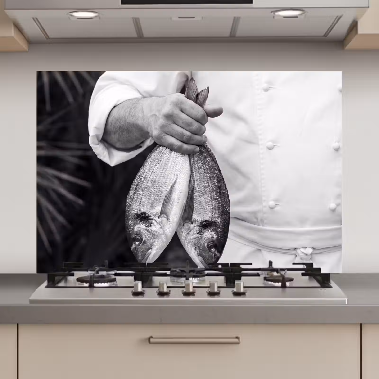 Spatscherm keuken - Vissen - Chef - Zwart - Wit — 1