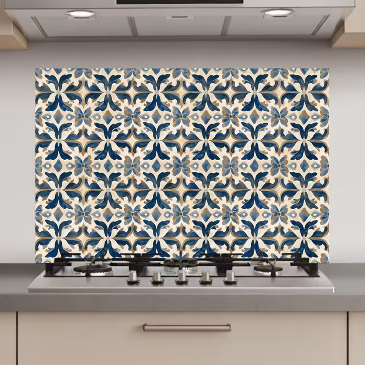 Spatscherm keuken - Tegel - Patroon - Blauw - Beige — 1