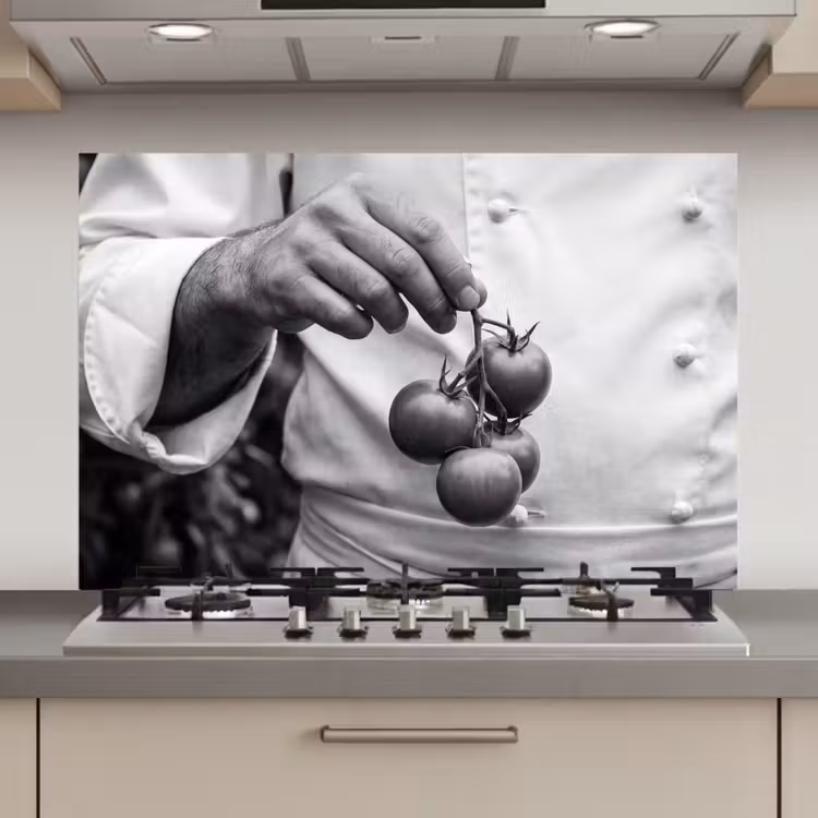Spatscherm keuken - Tomaten - Chef - Zwart - Wit — 1