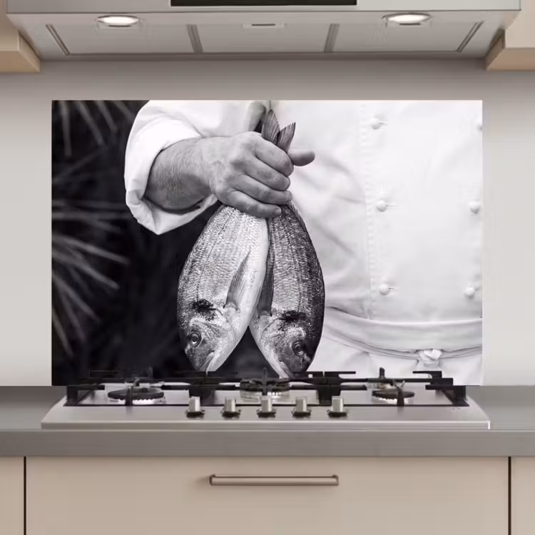 Spatscherm keuken - Vissen - Chef - Zwart - Wit — 1