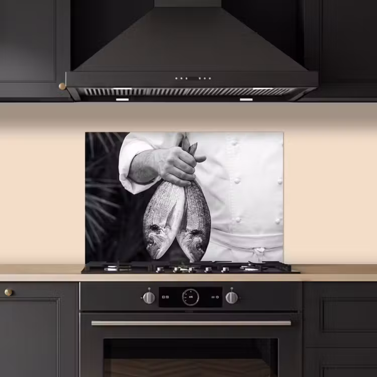 Spatscherm keuken - Vissen - Chef - Zwart - Wit — 2