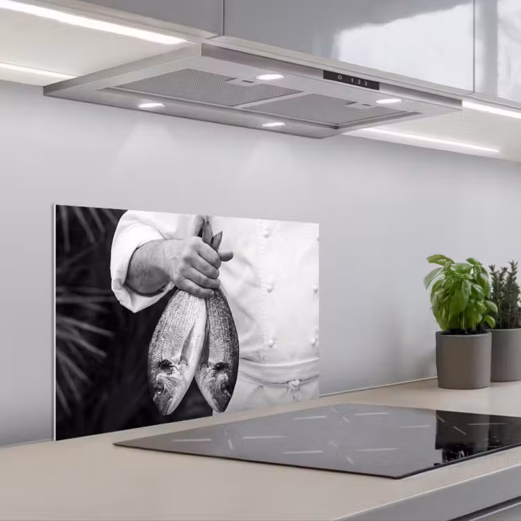 Spatscherm keuken - Vissen - Chef - Zwart - Wit — 5