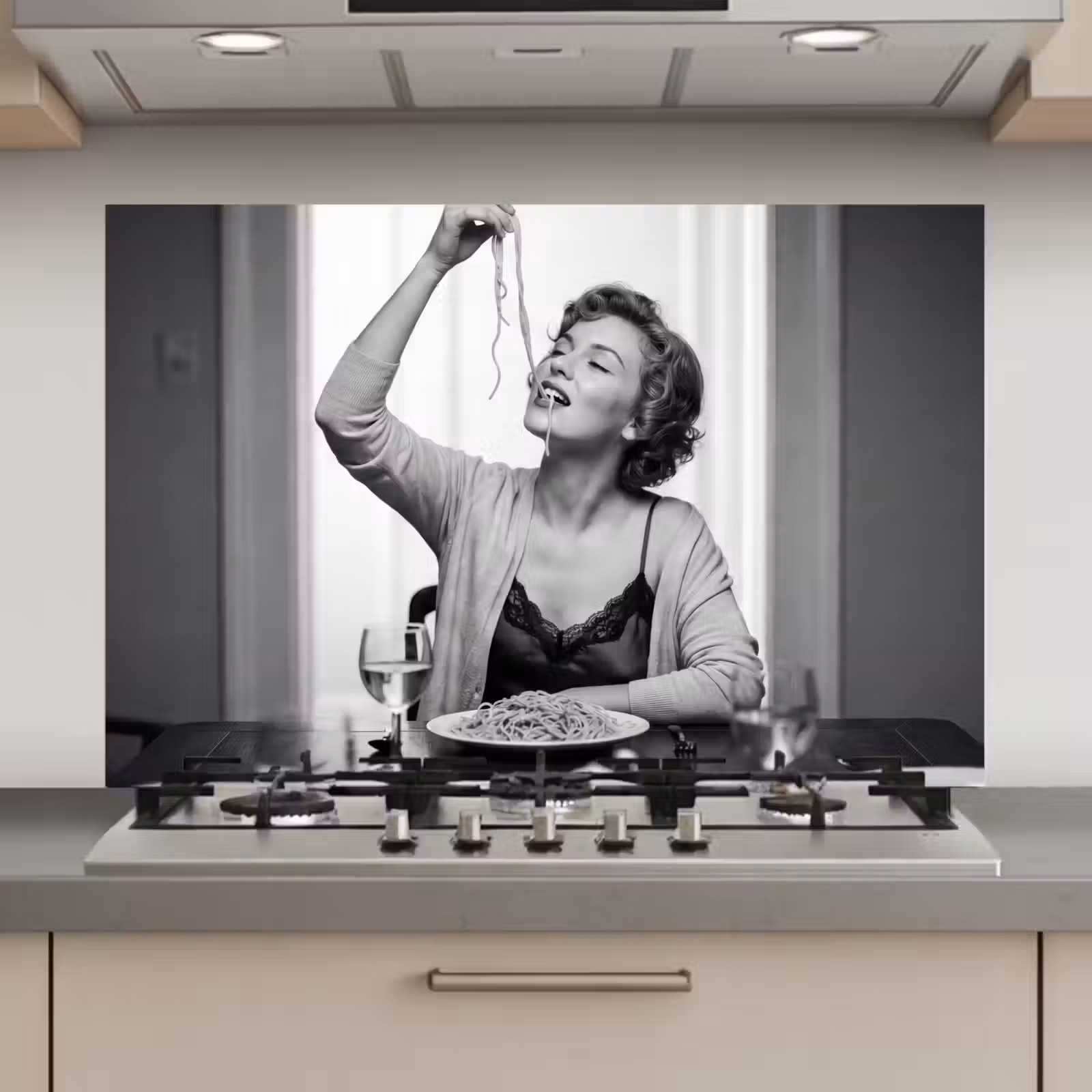 Spatscherm keuken - Vrouw - Spaghetti - Zwart - Wit — 1